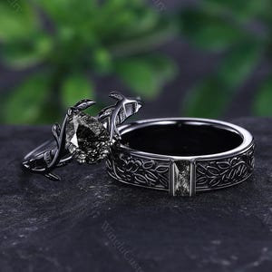 Ensemble de bagues pour couple en quartz rutilé noir inspiré de la nature, alliance pour elle et lui, bagues de fiançailles gothiques en or noir, promesse cadeau d&#39;anniversaire