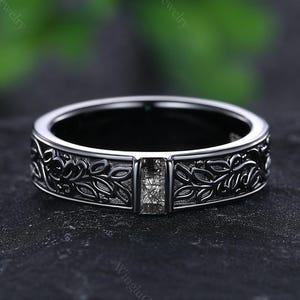 Mens Black Rutilated Quartz Wedding Band Art Deco Leaf Design Band 5mm Black Gold Ring Unique Nature Inspired Black Rutilated Quartz Band
