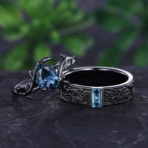 Pear London Blue Topaz Couple Rings Nature Inspired Black Gold Engagement Ring Set His and Hers Wedding Band Promise Rings Anniversary Gift