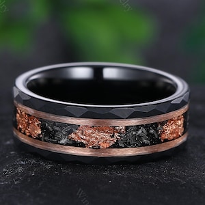 Unique Sunstone and Meteorites Men&#39;s Wedding Band Hammered Crushed Sunstone Men&#39;s Tungsten Outer Space Ring 8mm Wedding Ring Promise Ring