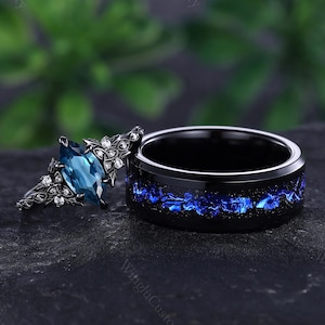 Marquise London Blue Topaz Couple Ring Set Black Gold Cluster Engagement Rings His And Hers Wedding Band Mens Tungsten Ring Anniversary Gift
