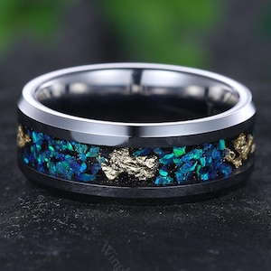 Unique Crushed Blue Fire Opal Men&#39;s Black Wedding Band Tungsten Carbide Ring Men Fire Opal Birthstone Promise Ring Anniversary Gift for Him
