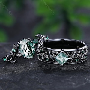 2 stücke Einzigartige Oval Moosachat Paar Ring Set His & Hers Passende Ehering Set Braut Versprechen Band Verlobungsring Jahrestag Geschenk Custom