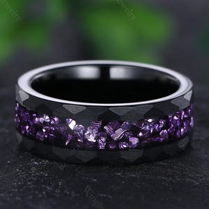 Unique Crushed Amethyst Men&#39;s Black Gold Tungsten Carbide Ring Amethyst Wedding Ring Birthstone Promise Ring Anniversary Gift for Him Custom
