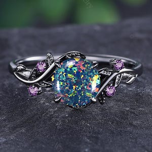 Unique Black Fire Opal Wedding Rings 14K Black Gold Engagement Rings Vine Leaf Design Natural Amethyst Birthstone Ring Custom Wedding Gift