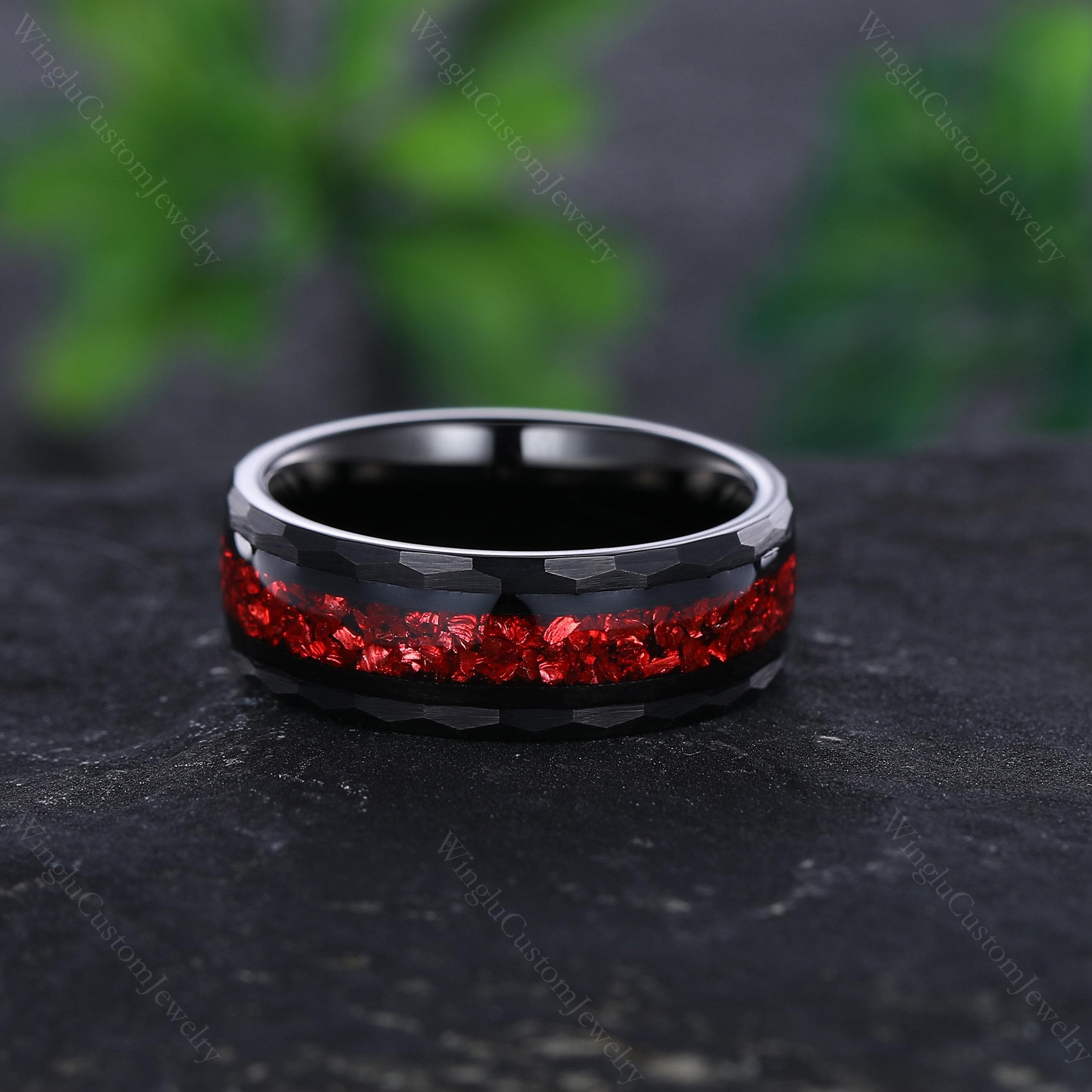 Unique Crushed Garnet Men's Black Gold Tungsten Carbide Ring Garnet Wedding Ring Birthstone Promise Ring Anniversary Gift for Him Custom