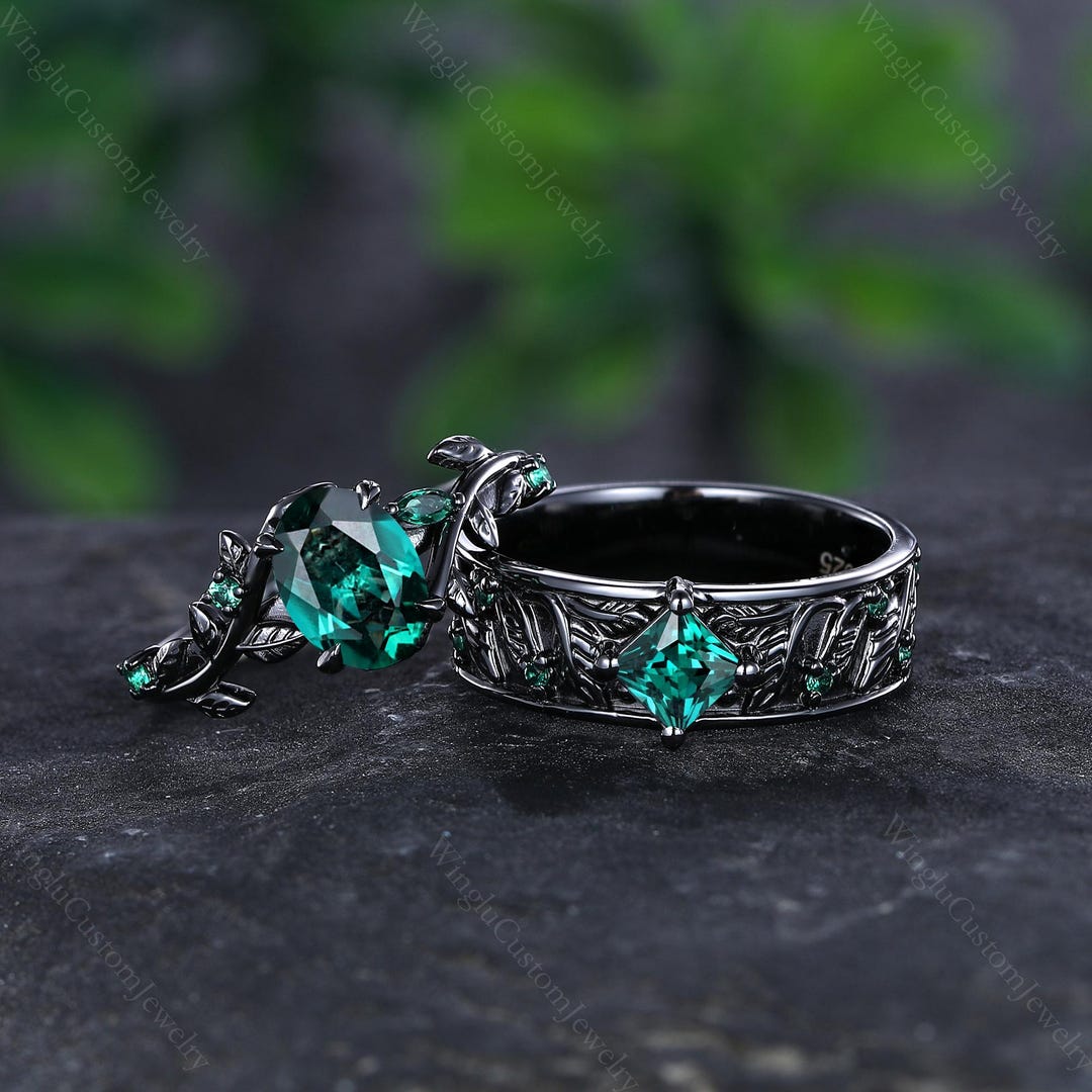 2pcs Unique Oval Emerald Couple Ring Set His&hers Matching Wedding Ring ...