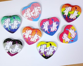 Pride LGBTQ+ heart button glitter pins badge cat
