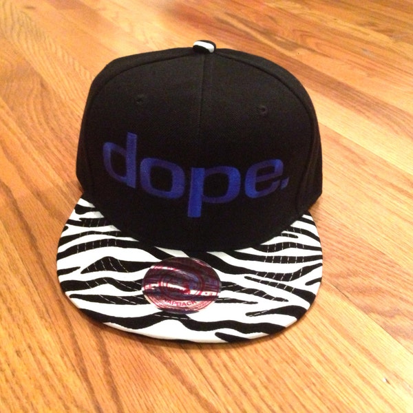 dope. Blue Snap Back Cap, Zebra Print Bib, Presale Item