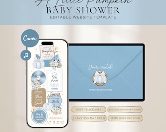 Inbjudan till babyshower för liten pumpapojke (redigerbar Canva-mall) HC172