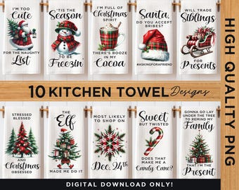 Diseños divertidos de sublimación de toallas de cocina navideñas, diseño PNG de toallas de cocina, lindos paños de cocina navideños, paños de cocina para Navidad