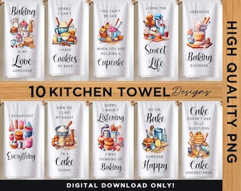 Könnte beinhalten: Zehn digitale Designs für Küchentücher mit humorvollen Sprüchen und Illustrationen zum Thema Backen. Die Designs beinhalten Sätze wie "Backen ist meine Liebessprache", "Ich habe Kekse zum Backen", "Mach weiter, backe", und "Kuchen versteht".