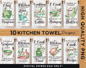 Paquete de sublimación de toallas de cocina divertidas PNG / Diseño de toallas de cocina PNG / Refranes de cocina PNG / Decoración de cocina y comedor / Descarga digital
