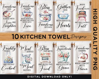Diseños de sublimación de toallas de cocina de estilo rústico / Toallas de cocina de estilo rústico / Decoración del hogar para cocinar con imágenes PNG / Diseños de refranes de cocina en formato PNG
