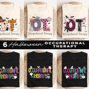 May include: Six Halloween-themed t-shirt designs featuring the letters "OT" with a spooky, colorful, and whimsical design. The text "Occupational Therapy" is included on each design.