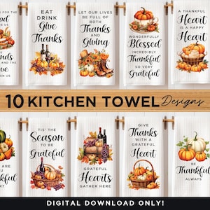 Può includere: Dieci disegni di asciugamani da cucina digitali stampabili con temi autunnali con zucche, zucche e foglie autunnali. I disegni includono frasi come "Eat Drink Give Thanks", "Let Our Lives Be Full of Both Thanks and Giving", "Wonderfully Blessed Incredibly Thankful So Very Grateful", "A Thankful Heart is a Happy Heart", "What Are You Thankful For?", "Tis' the Season to Be Grateful", "Grateful Hearts Gather Here", "Give Thanks With a Grateful Heart", e "Be Thankful Always".