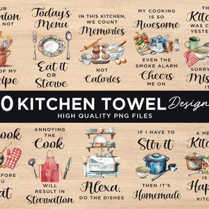 Pode incluir: Dez desenhos de toalhas de cozinha em aquarela com diferentes ditados. Os desenhos incluem um prato de biscoitos, uma panela de macarr&atilde;o, uma cozinha bagun&ccedil;ada e um avental vermelho. O texto inclui frases como "Menu de hoje", "Coma ou morra de fome", "Minha cozinha &eacute; t&atilde;o incr&iacute;vel", "A cozinha estava limpa ontem", "Eu cozinho, portanto voc&ecirc; come", "Irritar o cozinheiro", "Se eu tiver que mexer, ent&atilde;o &eacute; caseiro", e "Uma cozinha bagun&ccedil;ada &eacute; uma cozinha feliz".