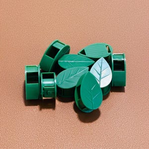 May include: A collection of green plastic plant clips and leaf-shaped plant supports. The clips are cylindrical with a clasp, and the supports are detailed with leaf veins. The items are arranged on a brown surface.
