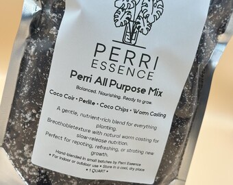 May include: A clear plastic pouch containing Perri Essence All Purpose Mix, a dark soil blend with white perlite. The label features a line drawing of monstera leaves in a vase and text including Coco Coir, Perlite, Coco Chips, Worm Casting, and 1 QUART.