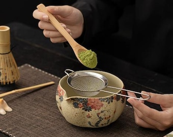 Japanse 8-delige matcha-theeset: keramische kom, bamboegarde en schep