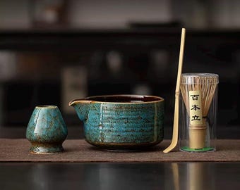 Zen Matcha-theeset: keramische kom, bamboegarde en schep
