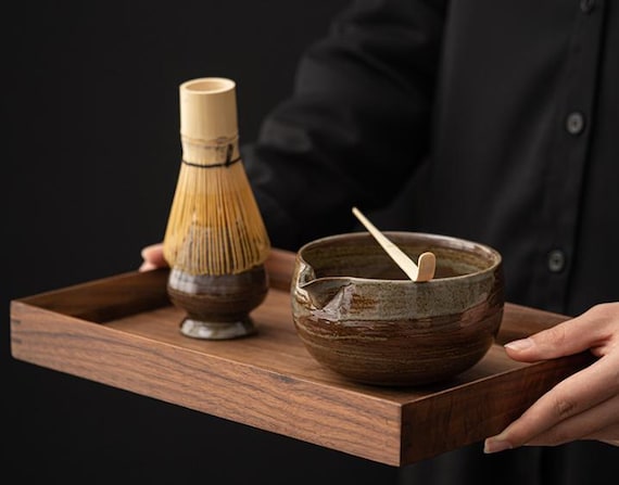 Handmade Ceramic Matcha Gift Set: Bowl, Whisk Holder, Bamboo Whisk & Scoop.
