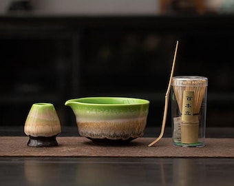 Keramische matcha-theeset: kom, bamboegarde, houder en schep