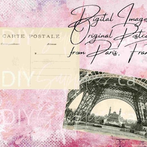 Download digital instantâneo Ephemera jpg Imagens de um cartão postal vintage na frente e atrás do início de 1900 da Torre Eiffel Junk Journal para impressão