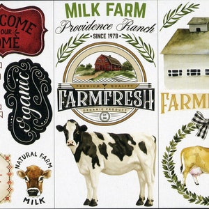 May include: A set of farm-themed stickers featuring cows, a barn, and text that says "Milk Farm Providence Ranch - Since 1978 - Premium Quality Farm Fresh Organic Product".