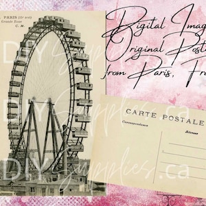 Download instantâneo de coisas efêmeras digitais Imagens Jpg de um cartão postal vintage "Paris Grande Roue Ferris Wheel" - Frente e verso Junk Journal do início de 1900