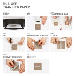 May include: A step-by-step guide on how to use rub-off transfer paper. The steps include printing, drying, transferring glue, cutting, removing the adhesive, attaching, removing the adhesive, and completing the process. The image shows a person's hands demonstrating each step.