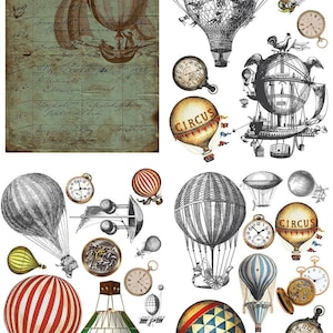 May include: A vintage illustration featuring hot air balloons, clocks, and the word "CIRCUS". The balloons are in various colours and designs, including red and white striped, blue and white striped, and a brown and white balloon with a red and white "CIRCUS" banner. The clocks are in various styles, including a pocket watch, a clock face with Roman numerals, and a clock face with Arabic numerals. The illustration is set against a white background.