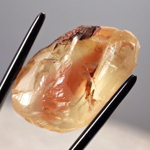 Puede incluir: Una piedra de sol bruta, translúcida, de color amarillo-naranja con una inclusión marrón rojiza. La piedra de sol está sujeta por un par de pinzas negras.