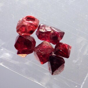 May include: A collection of six rough-cut, deep red garnet gemstones. The stones have a faceted appearance, with visible internal structures and varying shapes. The gems are displayed on a clear, slightly reflective surface.
