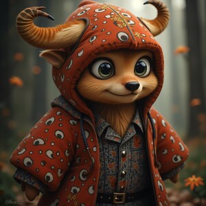 Puede incluir: Un ciervo de dibujos animados con ojos grandes y una expresión amigable lleva una chaqueta roja con capucha con lunares blancos y una camisa azul estampada debajo. El ciervo tiene grandes cuernos curvos.