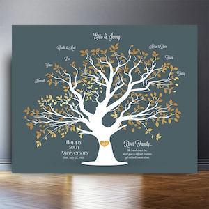 Custom 50th anniversary gift Family Tree Gift for parents gift for grandparents Above couch wall decor kids names in tree one of a kind gift image 4