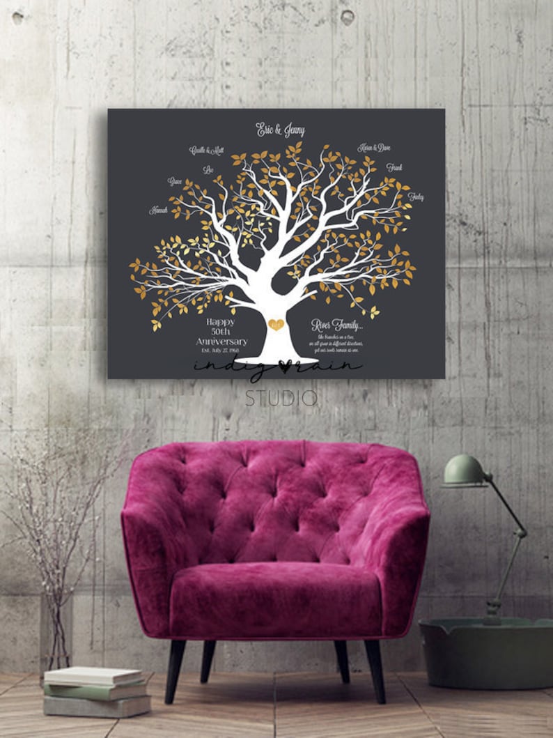 Custom 50th anniversary gift Family Tree Gift for parents gift for grandparents Above couch wall decor kids names in tree one of a kind gift image 2