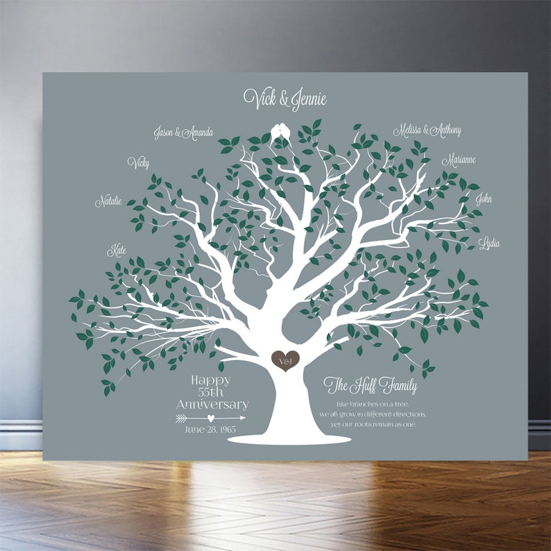50th anniversary Gift for parents family tree Family sign for grandma for Grandparents gifts 30th anniversary gift 40th anniversary gifts Gray w Green Leaves