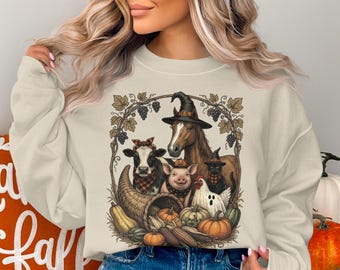 ハロウィン農場動物スウェットシャツ、不気味なカントリークルーネック、ヴィンテージ魔女馬牛幽霊鶏セーター、素朴な秋の収穫愛好家へのギフト
