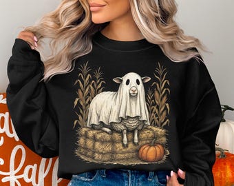 幽霊羊のハロウィンスウェットシャツ、かわいい不気味な子羊の秋のクルーネック、コテージコアの秋のカボチャセーター、居心地の良いヴィンテージファーム風ギフト