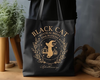 ブラックキャットアポセカリートートバッグ、ミスティカルブリューファインポーションズウィッチーハロウィンスプーキーシーズン秋の猫好きギフトバッグ