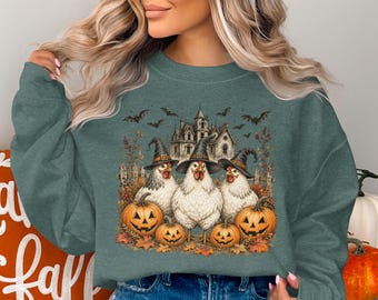 ハロウィンチキンスウェットシャツ、魔女の雌鶏シャツ、不気味な農場スウェットシャツ、ヴィンテージお化け屋敷グラフィック、ジャック・オー・ランタン、快適な秋のプルオーバー
