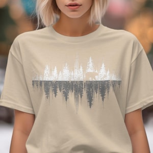 Distressed Tree Line T-Shirt | Rustic Forest Reflection Bear Graphic Tee | Unique Nature Lover Wilderness Adventure Shirt