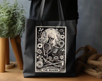 Dark Academia Skeleton Reader Tote Bag - Gothic Floral Bookworm Tarot Art Aesthetic Canvas Bag Gift for Literary Goth