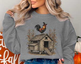 魔女の雄鶏スウェットシャツ、不気味な農場の鶏小屋クルーネック、ハロウィンファームハウス秋のアパレル、自給自足生活者への素朴な秋の贈り物