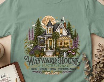 実用的な植物学魔女Tシャツ、ウィムジゴスハーブ薬局グラフィックTシャツ、ダークコテージコアハーブシャツ、植物学魔女服
