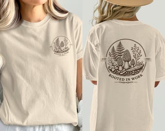 ヴィンテージマッシュルームTシャツ｜Rooted in Work コテージコアネイチャーTシャツ｜ボタニカルモレルマッシュルーム採集家ギフト｜1983年創業アウトドアグラフィックシャツ