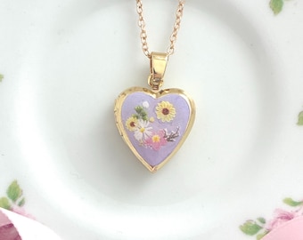 Gold Heart Locket with Sunflower Garden