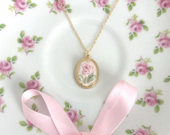 Pink Rose Flower Pendant Necklace