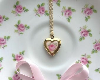 Handmade Heart Locket Pink Rose Vintage Necklace